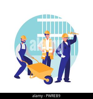 construction workers with tools over white background, colorful design. vector illustration Stock Vector