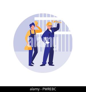 construction workers with tools over white background, colorful design. vector illustration Stock Vector
