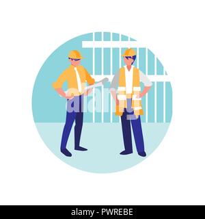 construction workers with tools over white background, colorful design. vector illustration Stock Vector