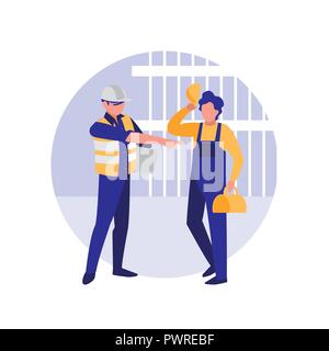 construction workers with tools over white background, colorful design. vector illustration Stock Vector