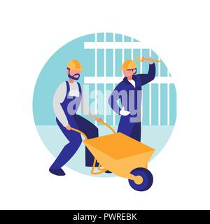construction workers with tools over white background, colorful design. vector illustration Stock Vector