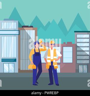 construction workers over city buildings background, colorful design. vector illustration Stock Vector