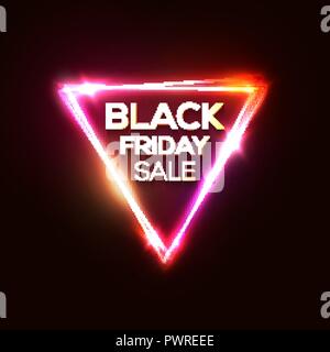 Black friday sale on neon triangle background. Discount shopping sign on dark red backdrop. Glowing laser tag. Black friday design text in geometric shape. Retro vector illustration in 80s style. Stock Vector