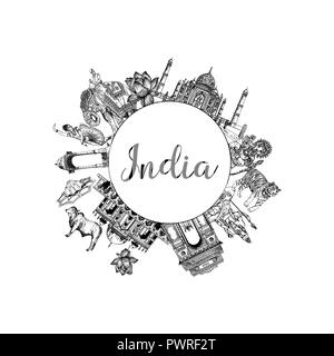 Hand drawn sketch style India themed objects. Vector illustration. Stock Vector
