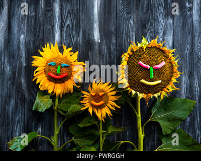 three sunflowers on wooden table Stock Photo