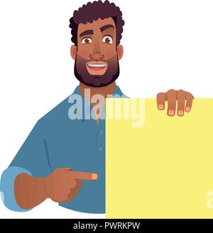 African man holding blank banner. African american man with board. Finger pointing vector illustration Stock Vector