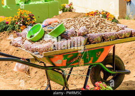 Santiago Sacatepequez, Guatemala - November 1, 2017: Wheelbarrow full of peanuts for sale in cemetery during Giant kite festival on All Saints Day. Stock Photo