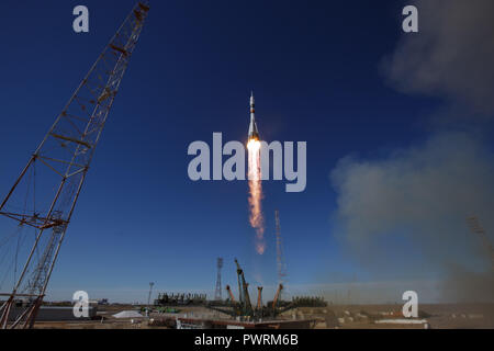 The Soyuz MS-10 spacecraft is launched with Expedition 57 Flight Engineer Nick Hague of NASA and Flight Engineer Alexey Ovchinin of Roscosmos, Thursday, Oct. 11, 2018 at the Baikonur Cosmodrome in Kazakhstan.  During the Soyuz spacecraft's climb to orbit, an anomaly occurred, resulting in an abort downrange. The crew was quickly recovered and is in good condition. Stock Photo