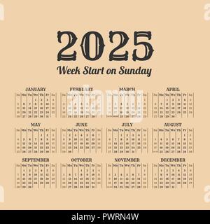 2025 year retro calendar. Weeks start on Sunday Stock Vector