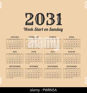 2031 year retro calendar. Weeks start on Sunday Stock Vector