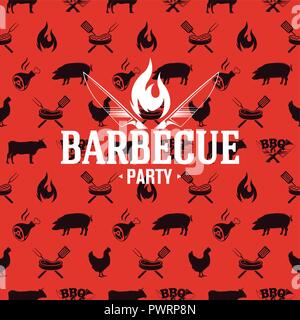 Barbecue logo on red seamless pattern, vector illustration template for your logo design Stock Vector