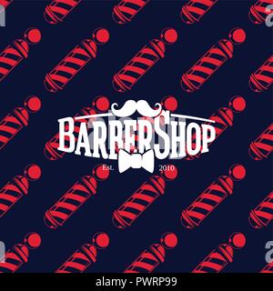 Barber shop logo on seamless pattern with barber poles, vector illustration template for your logo design Stock Vector