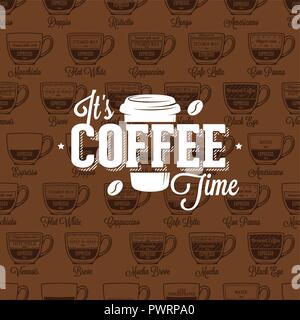 Coffe time logo on seamless pattern coffee type recipe, vector illustration template for your logo design Stock Vector