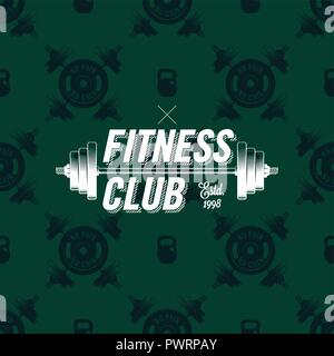 Fitness club logo on seamless pattern with dumbbells, vector illustration template for your logo design Stock Vector