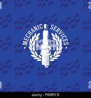 Mechanic service logo on seamless pattern checkered flag, vector illustration template for your logo design Stock Vector