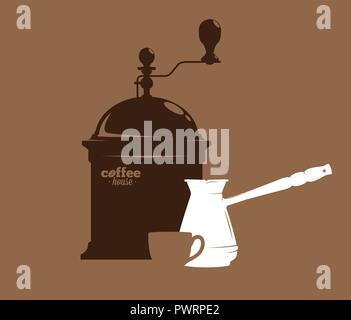 Silhouette of a coffee grinder, cezve and mug, coffee time, vector illustration template for your logo design Stock Vector