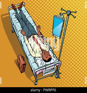 Dependency on gadgets concept. African man under medical dropper Stock Vector