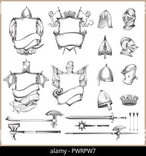Collection of vector heraldic elements, helmets and medieval weapons vector elements to create a coat of arms Stock Vector