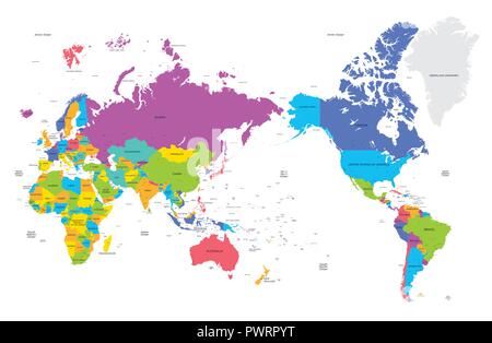 Colorful political map of the world with large cities, high detail vector illustration template for your design Stock Vector