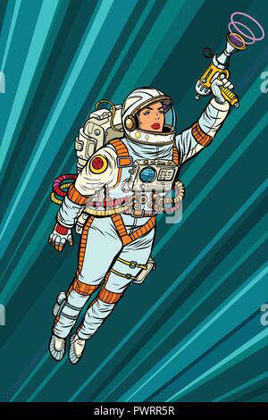 Superhero woman astronaut paratrooper with Blaster, science fict Stock Vector