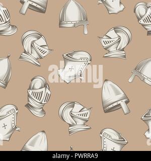 Seamless pattern with medieval helmets, sketch style engraving, vector illustration template for your design Stock Vector