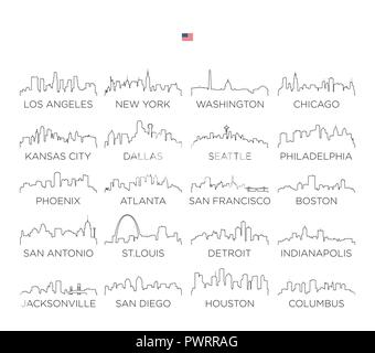 USA skyline city line art, vector Illustration design set of vector city silhouettes Stock Vector