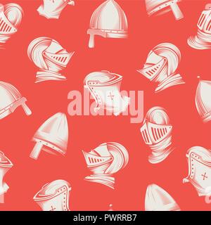 Vector seamless pattern with medieval helmets, sketch style engraving template for your design Stock Vector