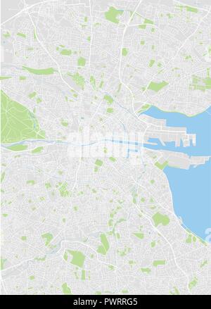 Detailed vector color map of Dublin detailed plan of the city, rivers and streets Stock Vector