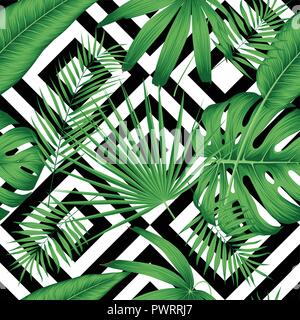 Exotic vector seamless pattern with tropical leaves on a geometric background template for your design Stock Vector