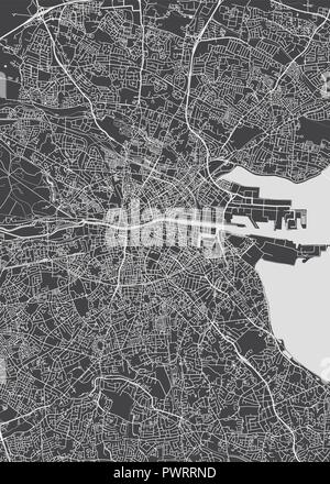 Monochrome detailed plan city of Dublin detailed plan of the city, rivers and streets Stock Vector
