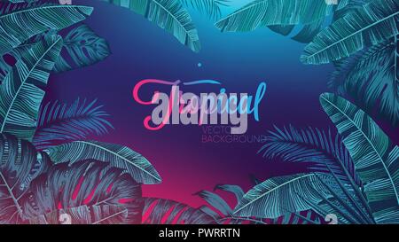 Red blue neon light, trendy background with tropical vector plant and leaf template for your design Stock Vector