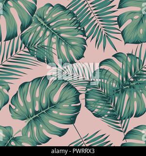 Seamless tropical pattern with leaves monstera and areca palm leaf on a pink background template for your design Stock Vector