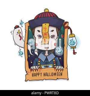 Vector Illustration of Jiangshi Chinese Hopping Vampire Ghost on Wooden Frame with Soul Lantern for Halloween on White Background, Cute  Cartoon Stock Vector