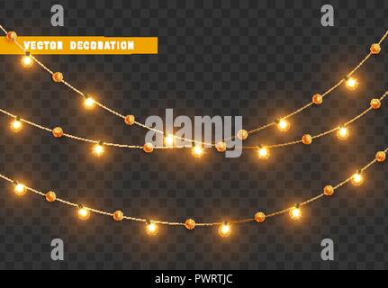 Christmas decorations, isolated on transparent background. Golden light garlands realistic set. Gold Xmas decor. Festive design element Stock Vector