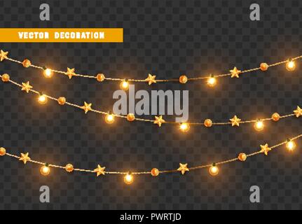 Christmas decorations, isolated on transparent background. Golden light garlands and star realistic set. Gold Xmas decor. Festive design element Stock Vector