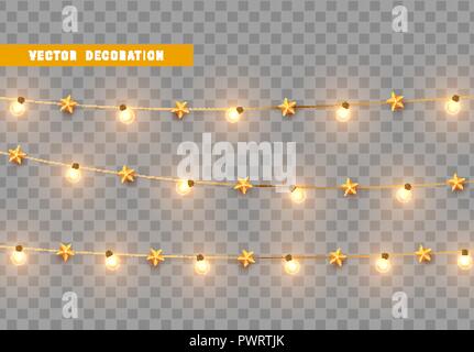 Christmas decorations, isolated on transparent background. Gold light garlands with stars realistic set. Golden Xmas decor. Festive design element Stock Vector