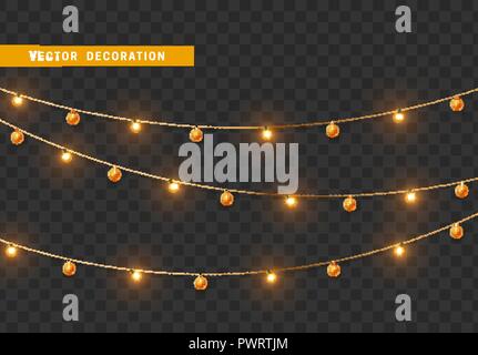Christmas decorations, isolated on transparent background. Gold light garlands with balls realistic set. Golden Xmas decor. Festive design element Stock Vector
