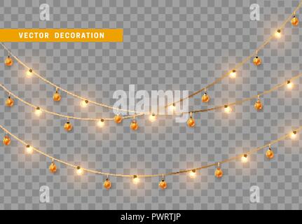 Christmas decorations, isolated on transparent background. Gold light garlands with balls realistic set. Golden Xmas decor. Festive design element Stock Vector