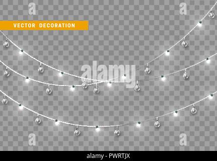 Christmas decorations, isolated on transparent background. White light garlands with balls realistic set. Silver Xmas decor. Festive design element Stock Vector