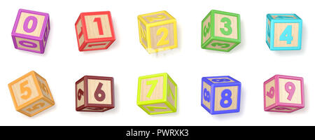 Numbers wooden alphabet blocks font rotated 3D render illustration isolated on white background Stock Photo