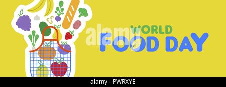 World Food Day web banner illustration for healthy eating, grocery bag and colorful cartoon icons. Includes vegetables, fruit, bread, nuts. Stock Vector