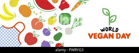 World vegan Day web banner illustration for special diet and healthy eating. Grocery bag with colorful flat cartoon icons. Includes vegetables, fruit, Stock Vector