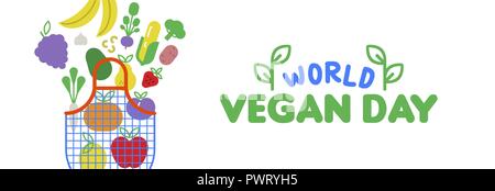 World vegan Day web banner illustration for special diet and healthy eating. Grocery bag with colorful flat cartoon icons. Includes vegetables, fruit, Stock Vector