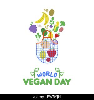 World vegan Day greeting card illustration for special diet and healthy eating. Grocery bag with colorful flat cartoon icons. Includes vegetables, fru Stock Vector