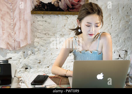 Amsterdam, Netherlands - July 23th, 2018: A Japanesse woman working using her laptop at her clothes store in Amsterdam. Stock Photo