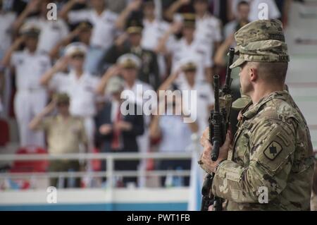 U.S. Army soldiers of the 39th Infantry Brigade Combat Team, 153rd Infantry Regiment, Arkansas National Guard deployed to Camp Lemonnier, Djibouti, participated in a military parade in Djibouti City celebrating the country's 40th annual Independence Day, June 27, 2017. Hosted by the president of Djibouti, Ismail Omar Guelleh, the parade is held annually to mark Djibouti's declaration of independence from France.  In addition to the Djiboutian Armed Forces, service members from Italy, France, Japan, China and the U.S. also marched in the parade. The event offered an opportunity for the militari Stock Photo