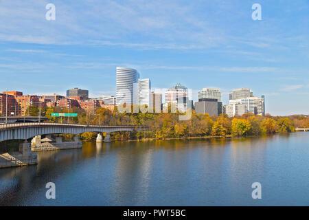 Virginia suburban panorama in autumn, USA. Rosslyn skyscrapers in the early morning in fall. Stock Photo