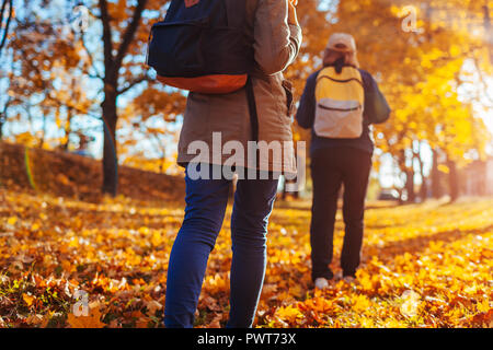Couple of tourists with backpacks walking in autumn forest at sunset. Sportive women travelling together Stock Photo