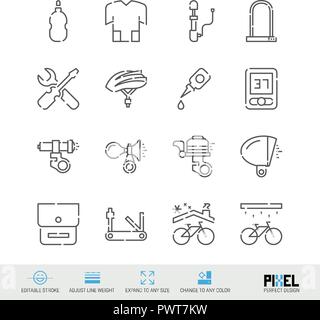 Bicycle Accessories, Tools, Clothing Vector Line Icons Set. Bike Shop, Maintenance Linear Symbols. Pixel Perfect Design. Editable Stroke. Adjust Line Weight. Expand to Any Size. Change to Any Color. Stock Vector