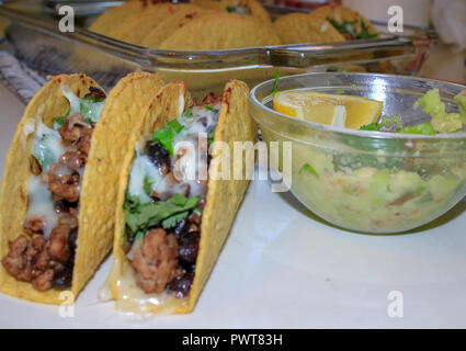 Mexican tacos lined up with meat, cheese and green onions topping it Stock Photo